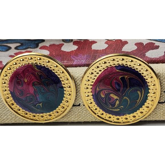 80s Womens Large Button Earrings Pierced Gold With Colorful Psychedelic Design - Picture 4 of 6